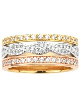 Designer Inspired Tri Tone CZ 3 Row Band Ring Yellow White Rose Gold Filled NWOT